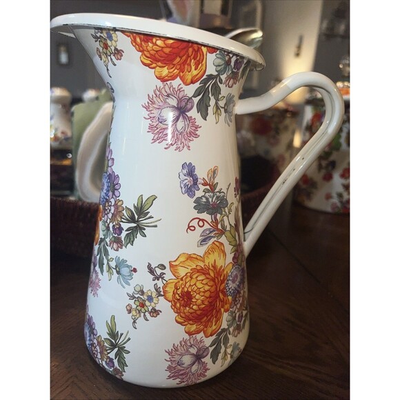 MacKenzie Childs Practical Pitcher Metal White Flower Market SMALL 8.5